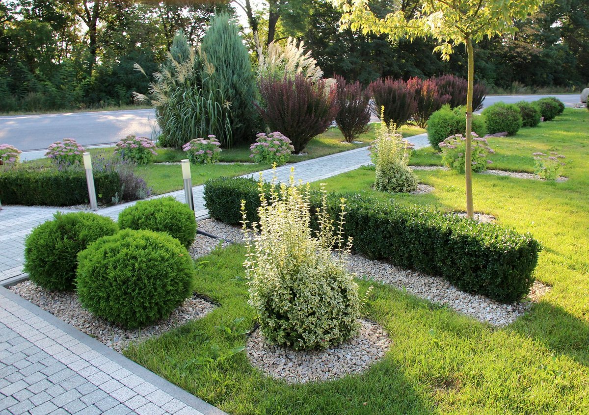 Fragments of modern landscaping design in a garden with stone paving