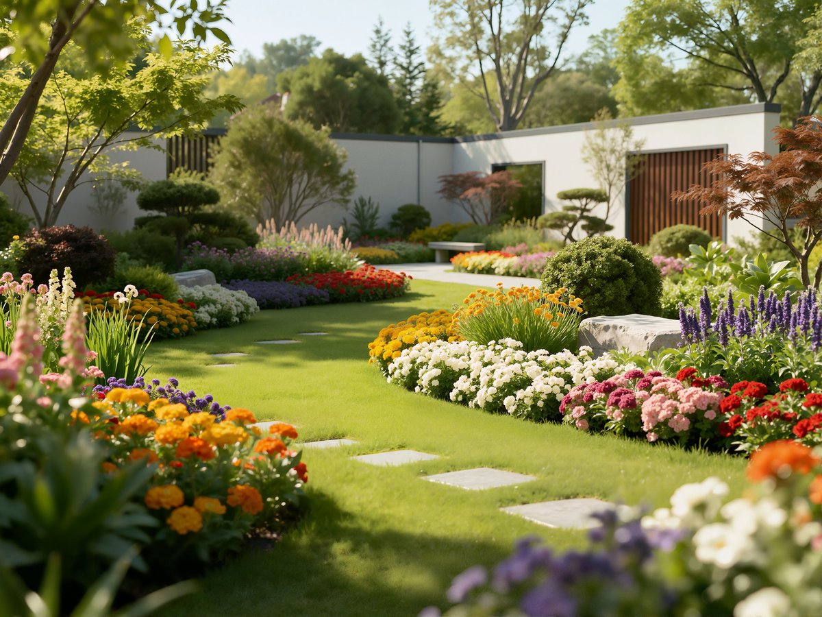 Contemporary garden with square stepping stones on lush green lawn bordered by vibrant flowering beds